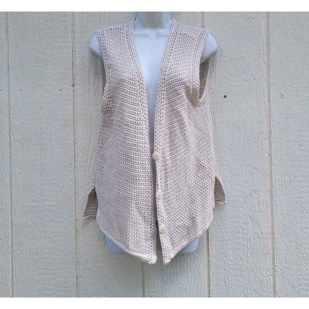 Crochet Knit Sweater Cardigan Vest Tan Sz S Beige Praire Cottagecore Boho